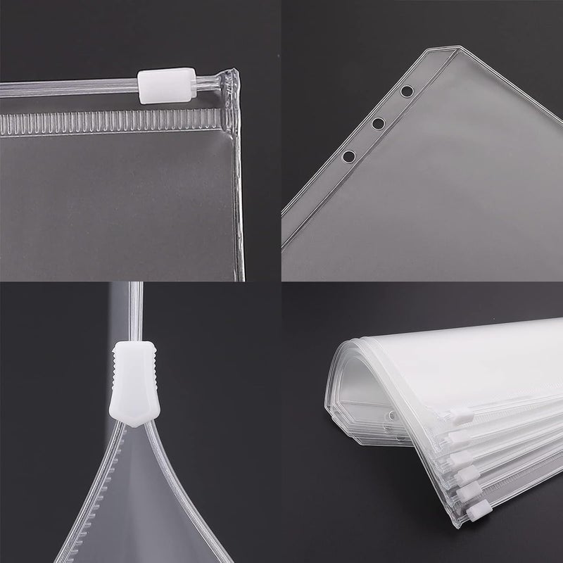 Antner 12pcs A6 Size Binder Pockets 6 Holes Budget Cash Envelopes for Budgeting, Clear Zipper Folders Loose Leaf Bags for A6 6-Ring Budget Binder, Waterproof PVC Document Pouch Filing Bags - Image 5